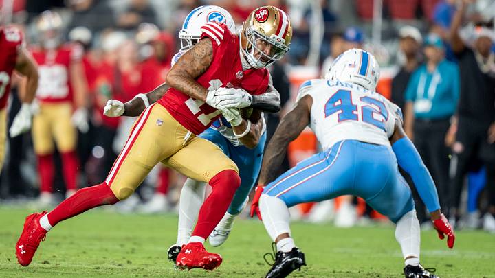 August 13, 2026; Santa Clara, California, USA; San Francisco 49ers wide receiver Jordan Watkins (17) is tackled by Tennessee Titans safety Nazeeh Johnson (36) and cornerback Derrick Canteen (42) during the fourth quarter at Levi's Stadium. Mandatory Credit: Kyle Terada-Imagn Images August 13, 2026; Santa Clara, California, USA; San Francisco 49ers wide receiver Jordan Watkins (17) is tackled by Tennessee Titans safety Nazeeh Johnson (36) and cornerback Derrick Canteen (42) during the fourth quarter at Levi's Stadium. Mandatory Credit: Kyle Terada-Imagn Images