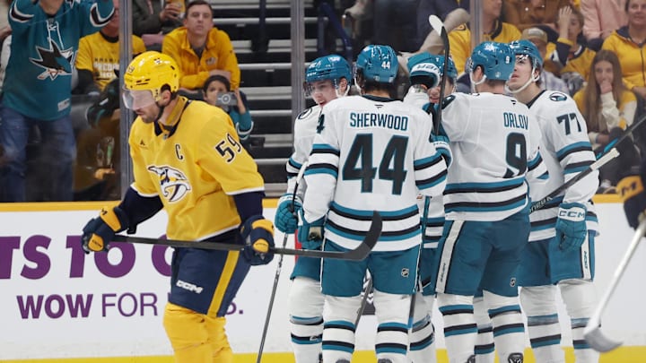 Apr 13, 2026; Nashville, Tennessee, USA; San Jose Sharks celebrate a goal against the Nashville Predators during the second period of their game at Bridgestone Arena. Mandatory Credit: Alan Poizner-Imagn Images Apr 13, 2026; Nashville, Tennessee, USA; San Jose Sharks celebrate a goal against the Nashville Predators during the second period of their game at Bridgestone Arena. Mandatory Credit: Alan Poizner-Imagn Images