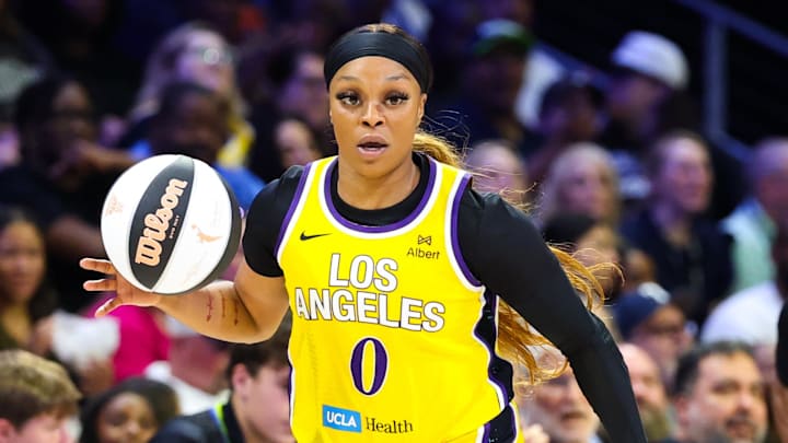 Jun 6, 2025; Arlington, Texas, USA; Los Angeles Sparks guard Odyssey Sims (0) dribbles during the first half against the Dallas Wings at College Park Center. Mandatory Credit: Kevin Jairaj-Imagn Images