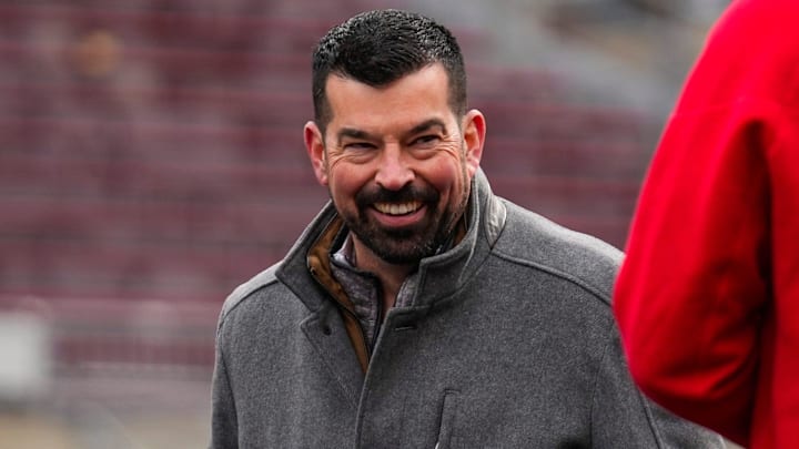 Ohio State Buckeyes head coach Ryan Day reacts to quarterback Will Howard (18) taking the stage during Ohio State's national championship celebration at Ohio Stadium on Sunday, Jan. 26, 2025 in Columbus, Ohio.
