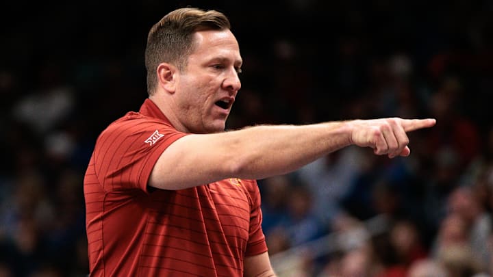 Mar 13, 2026; Kansas City, MO, USA; Iowa State Cyclones head coach T.J. Otzelberger gives direction during the first half against the Arizona Wildcats at T-Mobile Center. Mar 13, 2026; Kansas City, MO, USA; Iowa State Cyclones head coach T.J. Otzelberger gives direction during the first half against the Arizona Wildcats at T-Mobile Center.