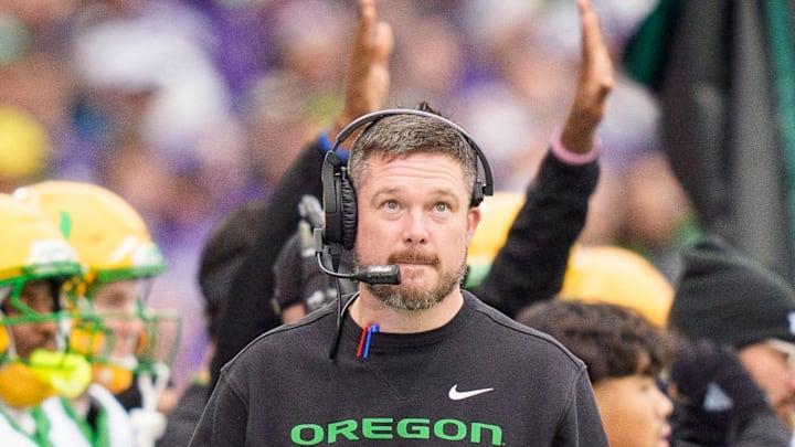 Oregon head coach Dan Lanning walks the sideline as the Oregon Ducks take on the Washington Huskies on Nov. 29, 2025, at Husky Stadium in Seattle, Washington.
