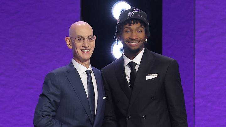 Jun 23, 2026; New York, NY, USA; NBA commissioner Adam Silver greets the second pick in the 2026 NBA draft, Kansas guard Darryn Peterson after he was selected by the Utah Jazz at Barclays Center. Mandatory Credit: Brad Penner-Imagn Images