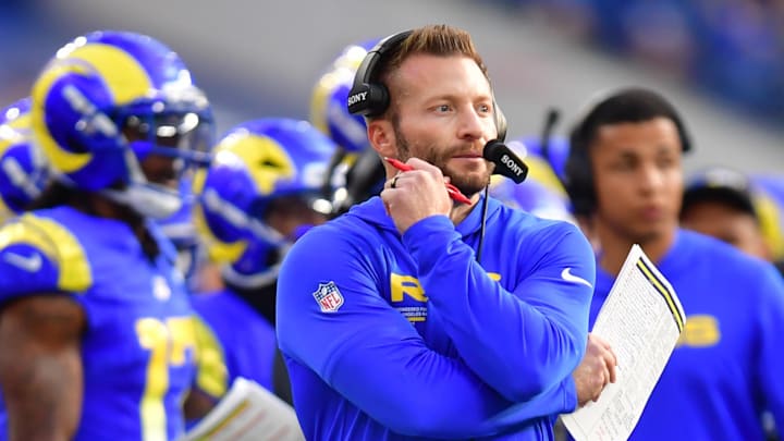 Dec 14, 2025; Inglewood, California, USA; Los Angeles Rams head coach Sean McVay looks on during the second quarter against the Detroit Lions at SoFi Stadium. Mandatory Credit: Gary A. Vasquez-Imagn Images