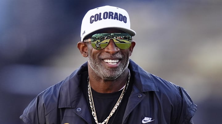 Nov 1, 2025; Boulder, Colorado, USA; Colorado Buffaloes head coach Deion Sanders before the game against the Arizona Wildcats at Folsom Field. Mandatory Credit: Ron Chenoy-Imagn Images