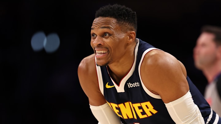 Nov 23, 2024; Los Angeles, California, USA;  Denver Nuggets guard Russell Westbrook (4) reacts to a play during the third quarter against the Los Angeles Lakers at Crypto.com Arena. Mandatory Credit: Kiyoshi Mio-Imagn Images
