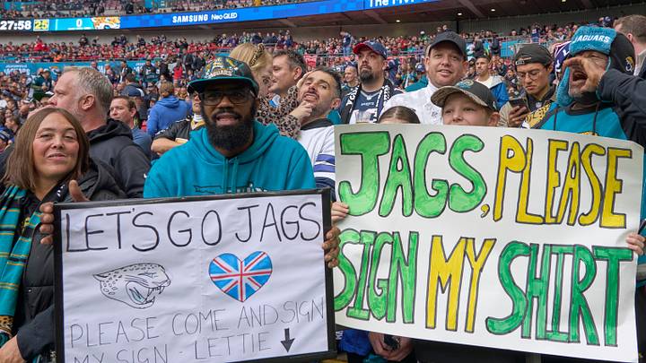Oct 20, 2024; London, United Kingdom; Fans in the first half of the game between the New England Patriots and Jacksonville Jaguars  during an NFL International Series game at Wembley Stadium. Mandatory Credit: Peter van den Berg-Imagn Images