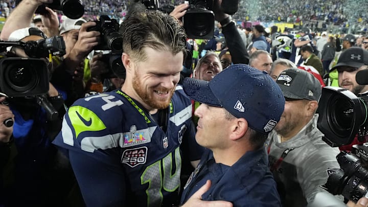 Feb 8, 2026; Santa Clara, CA, USA;  Seattle Seahawks head coach Mike MacDonald celebrates with quarterback Sam Darnold (14) after defeating the New England Patriots in Super Bowl LX at Levi's Stadium. Mandatory Credit: Kyle Terada-Imagn Images