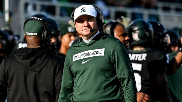 Michigan State's head coach Jonathan Smith looks on form the sideline during the first quarter in the game against Indiana on Saturday, Nov. 2, 2024, at Spartan Stadium in East Lansing.