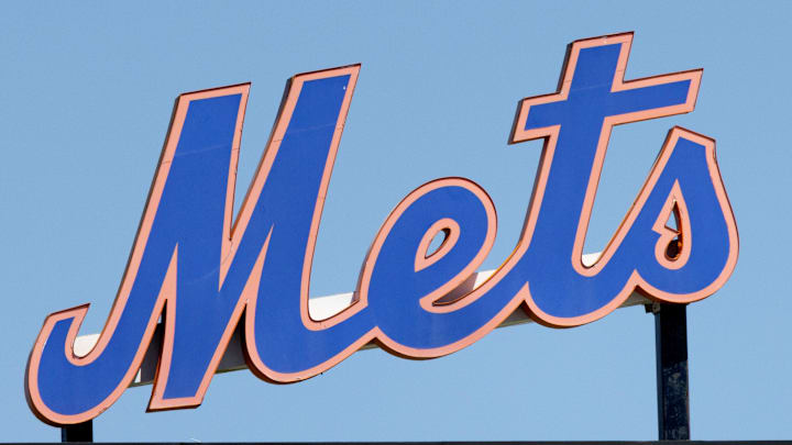 Mar 26, 2022; Port St. Lucie, Florida, USA;  The New York Mets logo stands in center field before the game against the Washington Nationals at Clover Park. Mandatory Credit: Reinhold Matay-Imagn Images