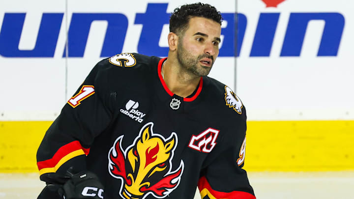 Mar 5, 2026; Calgary, Alberta, CAN; Calgary Flames center Nazem Kadri (91) skates during the warmup period against the Ottawa Senators at Scotiabank Saddledome. Mandatory Credit: Sergei Belski-Imagn Images