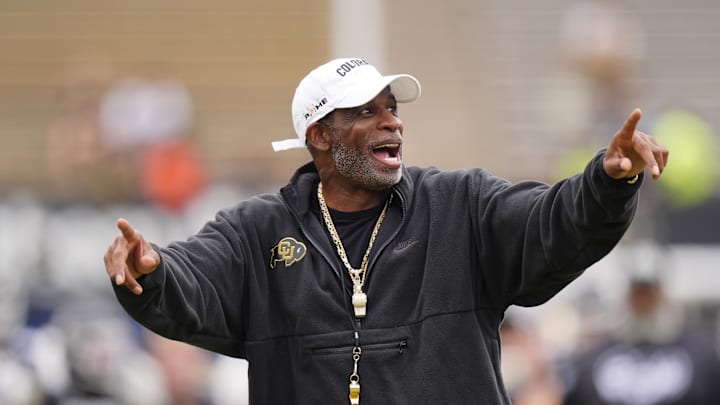 Oct 11, 2025; Boulder, Colorado, USA; Colorado Buffaloes head coach Deion Sanders before the game against the Iowa State Cyclones at Folsom Field. Mandatory Credit: Ron Chenoy-Imagn Images
