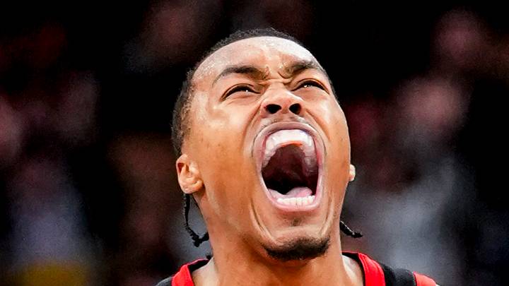 Toronto Raptors Scottie Barnes celebrates against the Orlando Magic. Toronto Raptors Scottie Barnes celebrates against the Orlando Magic.