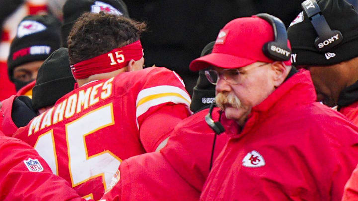 Dec 14, 2025; Kansas City, Missouri, USA; Kansas City Chiefs quarterback Patrick Mahomes (15) is attended to by team medical staff following an injury during the fourth quarter against the Los Angeles Chargers at GEHA Field at Arrowhead Stadium. Kansas City Chiefs head coach Andy Reid, second from right, stands on the sideline Mandatory Credit: Jay Biggerstaff-Imagn Images Dec 14, 2025; Kansas City, Missouri, USA; Kansas City Chiefs quarterback Patrick Mahomes (15) is attended to by team medical staff following an injury during the fourth quarter against the Los Angeles Chargers at GEHA Field at Arrowhead Stadium. Kansas City Chiefs head coach Andy Reid, second from right, stands on the sideline Mandatory Credit: Jay Biggerstaff-Imagn Images