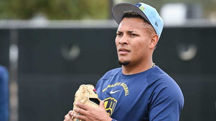 Milwaukee Brewers pitcher Angel Zerpa warms up during spring training workouts Monday, February 16, 2026, at American Family Fields of Phoenix in Phoenix, Arizona.