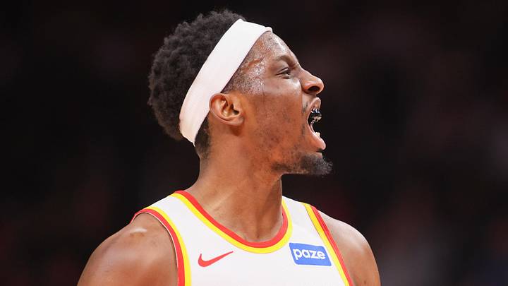 Atlanta Hawks center Onyeka Okongwu (17) reacts after a basket against the Portland Trail Blazers in the first quarter at State Farm Arena. Atlanta Hawks center Onyeka Okongwu (17) reacts after a basket against the Portland Trail Blazers in the first quarter at State Farm Arena.