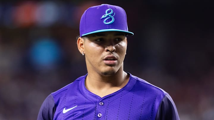 May 9, 2025; Phoenix, Arizona, USA; Arizona Diamondbacks pitcher Cristian Mena against the Los Angeles Dodgers at Chase Field. Mandatory Credit: Mark J. Rebilas-Imagn Images
