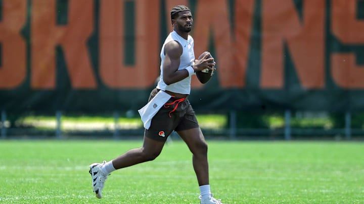 Cleveland Browns quarterback Shedeur Sanders puts in extra work after practice during NFL minicamp, Wednesday, June 11, 2025, in Berea, Ohio.