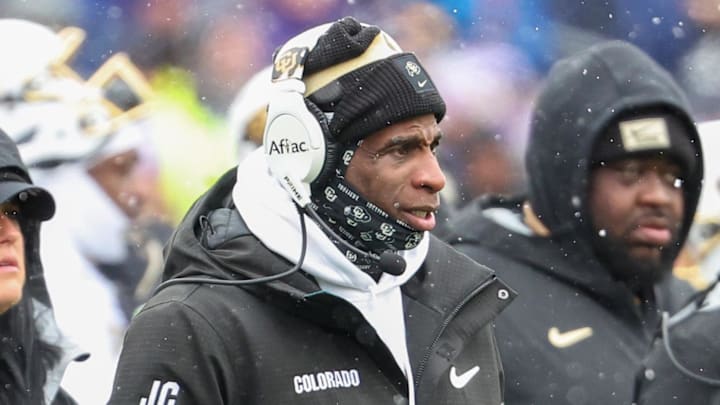 Nov 29, 2025; Manhattan, Kansas, USA; Colorado Buffaloes head coach Deion Sanders looks on during the first quarter against the Kansas State Wildcats at Bill Snyder Family Football Stadium.