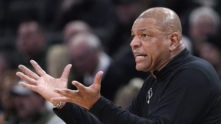 Milwaukee Bucks head coach Doc Rivers shows his frustration with a call as they compete against the Philadelphia 76ers Milwaukee Bucks head coach Doc Rivers shows his frustration with a call as they compete against the Philadelphia 76ers