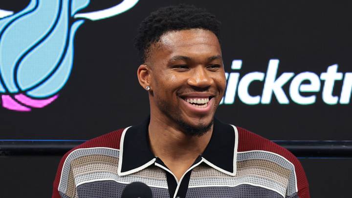 Miami Heat forward Giannis Antetokounmpo (7) reacts (Mandatory Credit: Sam Navarro-Imagn Images)
