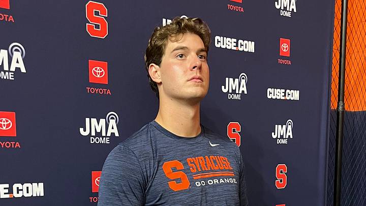 Aug 28, 2026; Syracuse, NY, USA; Syracuse quarterback Steve Angeli addresses the media at Ensley Athletic Center. Aug 28, 2026; Syracuse, NY, USA; Syracuse quarterback Steve Angeli addresses the media at Ensley Athletic Center.