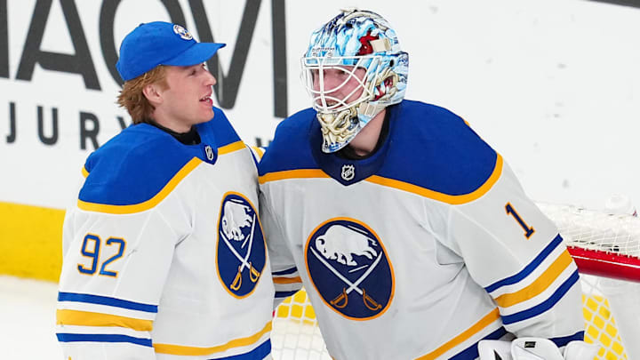 Mar 17, 2026; Las Vegas, Nevada, USA; Buffalo Sabres goaltender Ukko-Pekka Luukkonen (1) celebrates with goaltender Colten Ellis (92) after the Sabres defeated the Vegas Golden Knights 2-0 at T-Mobile Arena. Mandatory Credit: Stephen R. Sylvanie-Imagn Images Mar 17, 2026; Las Vegas, Nevada, USA; Buffalo Sabres goaltender Ukko-Pekka Luukkonen (1) celebrates with goaltender Colten Ellis (92) after the Sabres defeated the Vegas Golden Knights 2-0 at T-Mobile Arena. Mandatory Credit: Stephen R. Sylvanie-Imagn Images