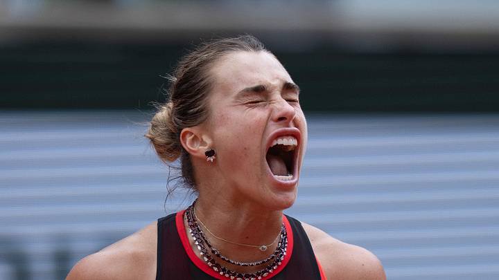Aryna Sabalenka reacts during her match
