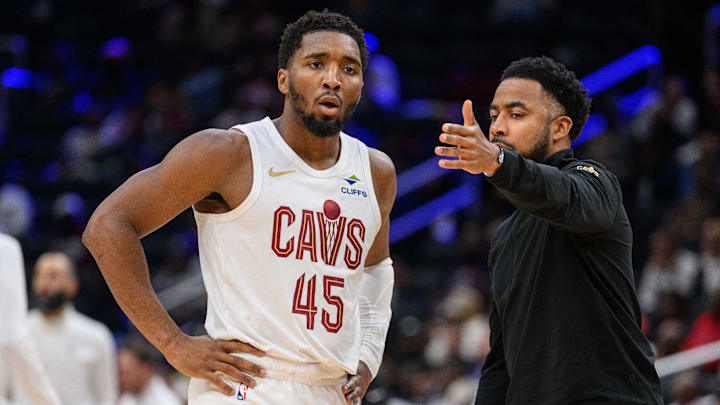 Oct 26, 2024; Washington, District of Columbia, USA; Cleveland Cavaliers guard Donovan Mitchell (45) speaks to Cleveland Cavaliers associate head coach Johnnie
Bryant during a time out in the third quarter against the Washington Wizards at Capital One Arena. Mandatory Credit: Reggie Hildred-Imagn Images Oct 26, 2024; Washington, District of Columbia, USA; Cleveland Cavaliers guard Donovan Mitchell (45) speaks to Cleveland Cavaliers associate head coach Johnnie
Bryant during a time out in the third quarter against the Washington Wizards at Capital One Arena. Mandatory Credit: Reggie Hildred-Imagn Images