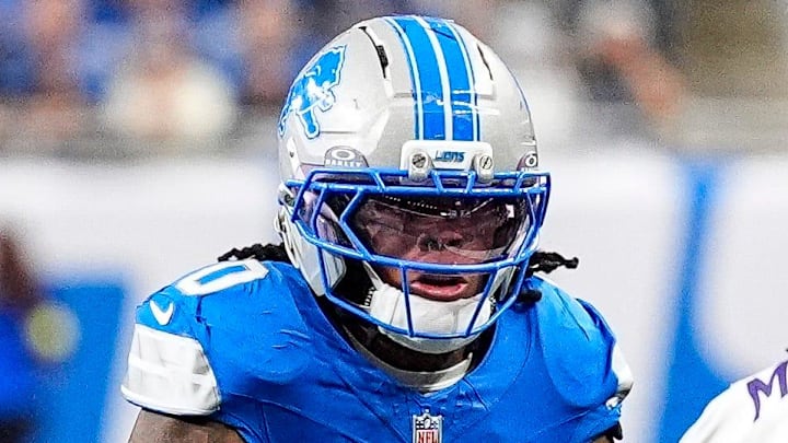 Detroit Lions running back Jahmyr Gibbs (0).
