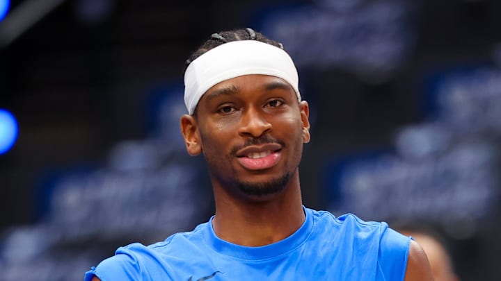 May 18, 2024; Dallas, Texas, USA; Oklahoma City Thunder guard Shai Gilgeous-Alexander (2) warms up before game six against the Dallas Mavericks in the second round of the 2024 NBA playoffs at American Airlines Center. Mandatory Credit: Kevin Jairaj-Imagn Images May 18, 2024; Dallas, Texas, USA; Oklahoma City Thunder guard Shai Gilgeous-Alexander (2) warms up before game six against the Dallas Mavericks in the second round of the 2024 NBA playoffs at American Airlines Center. Mandatory Credit: Kevin Jairaj-Imagn Images