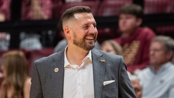 Florida State Seminoles head coach Luke Loucks smiles as his players celebrate. The Florida State Seminoles defeated the Alcorn State Braves 108-76 on Tuesday, Nov. 4, 2025. Florida State Seminoles head coach Luke Loucks smiles as his players celebrate. The Florida State Seminoles defeated the Alcorn State Braves 108-76 on Tuesday, Nov. 4, 2025.