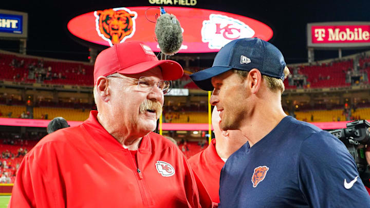 Aug 22, 2025; Kansas City, Missouri, USA; Kansas City Chiefs head coach Andy Reid shakes hands with Chicago Bears head coach Ben Johnson after the game at GEHA Field at Arrowhead Stadium. Mandatory Credit: Denny Medley-Imagn Images