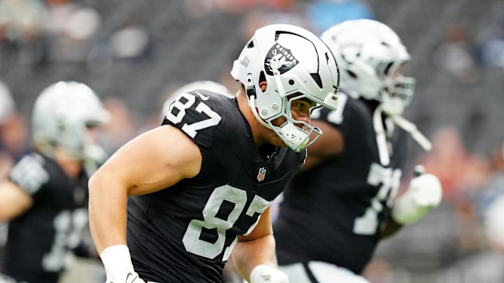 Oct 12, 2025; Paradise, Nevada, USA; Las Vegas Raiders tight end Michael Mayer (87) warms up before the game against the Tennessee Titans at Allegiant Stadium. Mandatory Credit: Stephen R. Sylvanie-Imagn Images