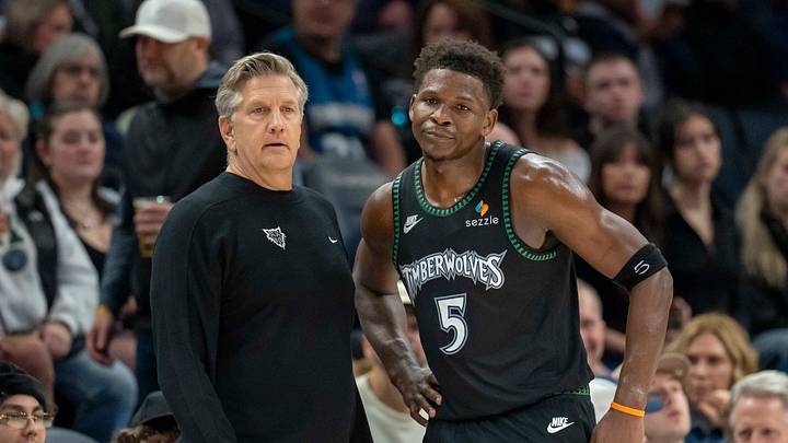 Mar 3, 2026; Minneapolis, Minnesota, USA; Minnesota Timberwolves head coach Chris Finch and guard Anthony Edwards (5) in the second half against the Memphis Grizzlies at Target Center. Mandatory Credit: Jesse Johnson-Imagn Images Mar 3, 2026; Minneapolis, Minnesota, USA; Minnesota Timberwolves head coach Chris Finch and guard Anthony Edwards (5) in the second half against the Memphis Grizzlies at Target Center. Mandatory Credit: Jesse Johnson-Imagn Images