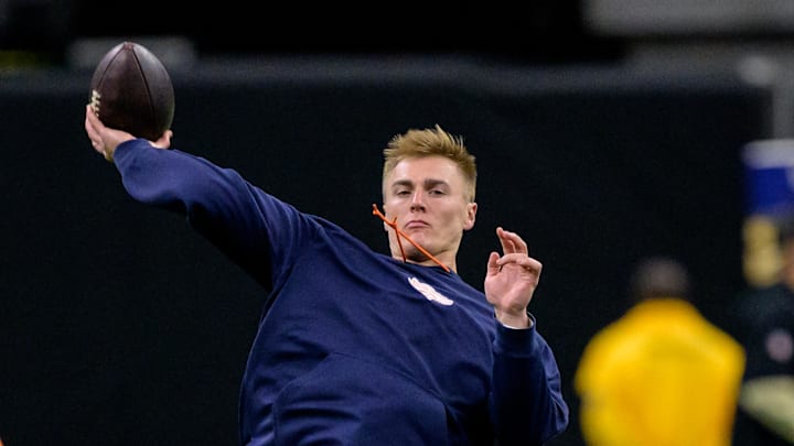 Oct 17, 2024; New Orleans, Louisiana, USA;  Denver Broncos quarterback Bo Nix (10) warms up before a game against the New Orleans Saints at Caesars Superdome. 