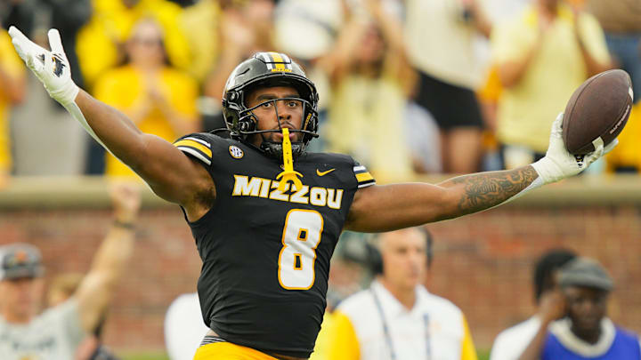 Missouri Tigers defensive end Damon Wilson II (8) celebrates after recovering a fumble during the second half against the Alabama Crimson Tide at Faurot Field at Memorial Stadium.
