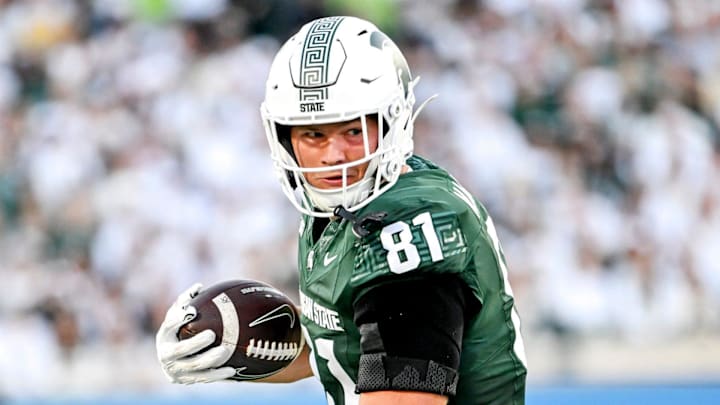 Michigan State's Michael Masunas runs after a catch against Western Michigan during the second quarter on Friday, Aug. 29, 2025, in East Lansing.
