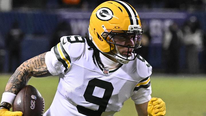 Green Bay Packers receiver Christian Watson (9) runs after the catch against the Chicago Bears.