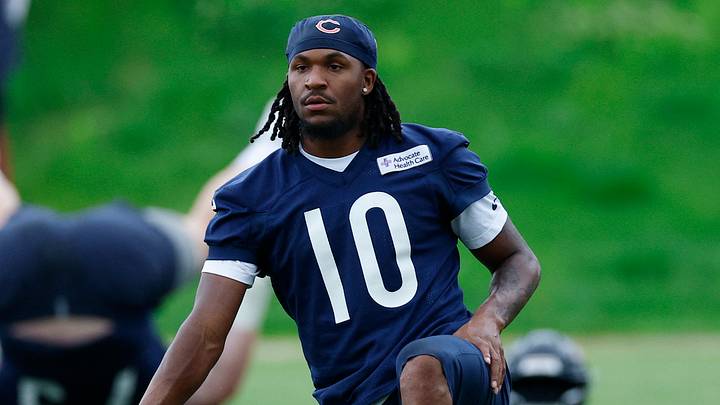 Jun 11, 2026; Lake Forest, IL, USA; Chicago Bears wide receiver Luther Burden III (10) stretches during Minicamp at Halas Hall. Mandatory Credit: Kamil Krzaczynski-Imagn Images