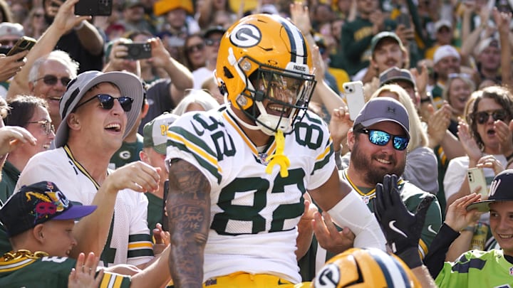 Green Bay Packers wide receiver Will Sheppard (82) jumps into the crowd for a Lambeau Leap after scoring a touchdown against Seattle. Green Bay Packers wide receiver Will Sheppard (82) jumps into the crowd for a Lambeau Leap after scoring a touchdown against Seattle.