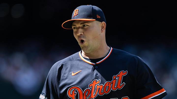 Detroit Tigers pitcher Tarik Skubal reacts