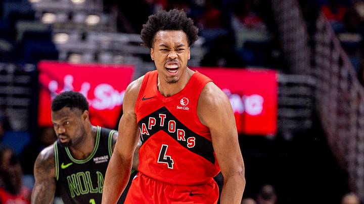 Mar 11, 2026; New Orleans, Louisiana, USA; Toronto Raptors forward/guard Scottie Barnes (4) reacts to making a three point basket against the New Orleans Pelicans during the first half at Smoothie King Center. Mandatory Credit: Stephen Lew-Imagn Images Mar 11, 2026; New Orleans, Louisiana, USA; Toronto Raptors forward/guard Scottie Barnes (4) reacts to making a three point basket against the New Orleans Pelicans during the first half at Smoothie King Center. Mandatory Credit: Stephen Lew-Imagn Images