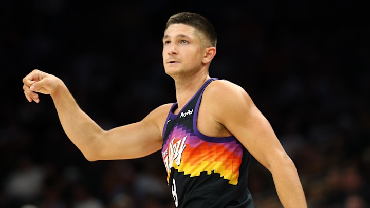 Mar 28, 2026; Phoenix, Arizona, USA; Phoenix Suns guard Grayson Allen (8) against the Utah Jazz in the first half at Mortgage Matchup Center. Mandatory Credit: Mark J. Rebilas-Imagn Images