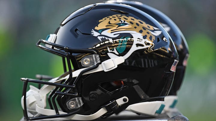 Nov 3, 2024; Philadelphia, Pennsylvania, USA; Jacksonville Jaguars helmets on the sidelines against the Philadelphia Eagles at Lincoln Financial Field. Mandatory Credit: Eric Hartline-Imagn Images