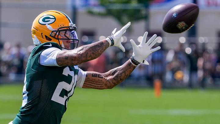 Green Bay Packers cornerback Domani Jackson is shown going through individual drills at training camp. Green Bay Packers cornerback Domani Jackson is shown going through individual drills at training camp.