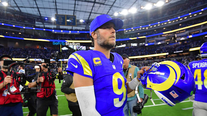 Dec 14, 2025; Inglewood, California, USA; Los Angeles Rams quarterback Matthew Stafford (9) is seen after the game against the Detroit Lions at SoFi Stadium. Mandatory Credit: Gary A. Vasquez-Imagn Images Dec 14, 2025; Inglewood, California, USA; Los Angeles Rams quarterback Matthew Stafford (9) is seen after the game against the Detroit Lions at SoFi Stadium. Mandatory Credit: Gary A. Vasquez-Imagn Images