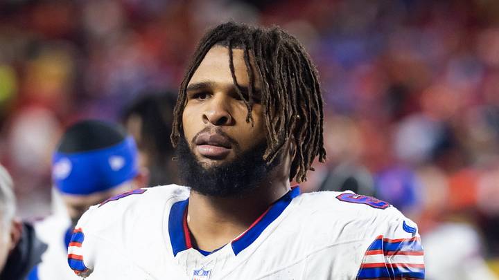 Jan 26, 2025; Kansas City, MO, USA; Buffalo Bills guard O'Cyrus Torrence (64) against the Kansas City Chiefs during the AFC Championship game at GEHA Field at Arrowhead Stadium. Mandatory Credit: Mark J. Rebilas-Imagn Images