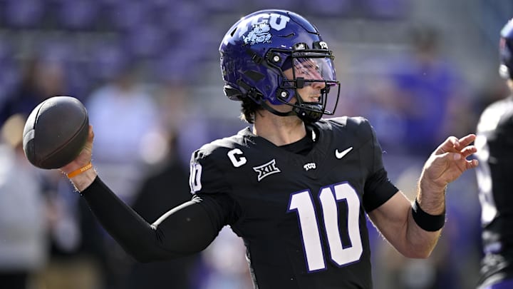 TCU quarterback Josh Hoover warms up before the game Nov. 29, 2025, against Cincinnati at Amon G. Carter Stadium.