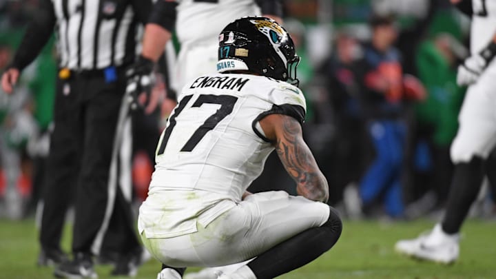 Nov 3, 2024; Philadelphia, Pennsylvania, USA; Jacksonville Jaguars tight end Evan Engram (17) reacts after the Philadelphia Eagles made an interception in the end zone  late in the fourth quarter at Lincoln Financial Field. Mandatory Credit: Eric Hartline-Imagn Images